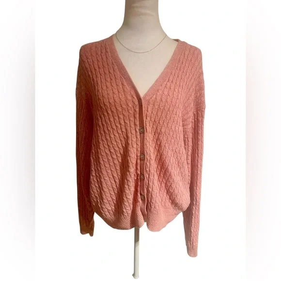 Gallagher XL Pink Cable Knit Cardigan Sweater Button Front Grandma Core Cottage - Picture 1 of 6